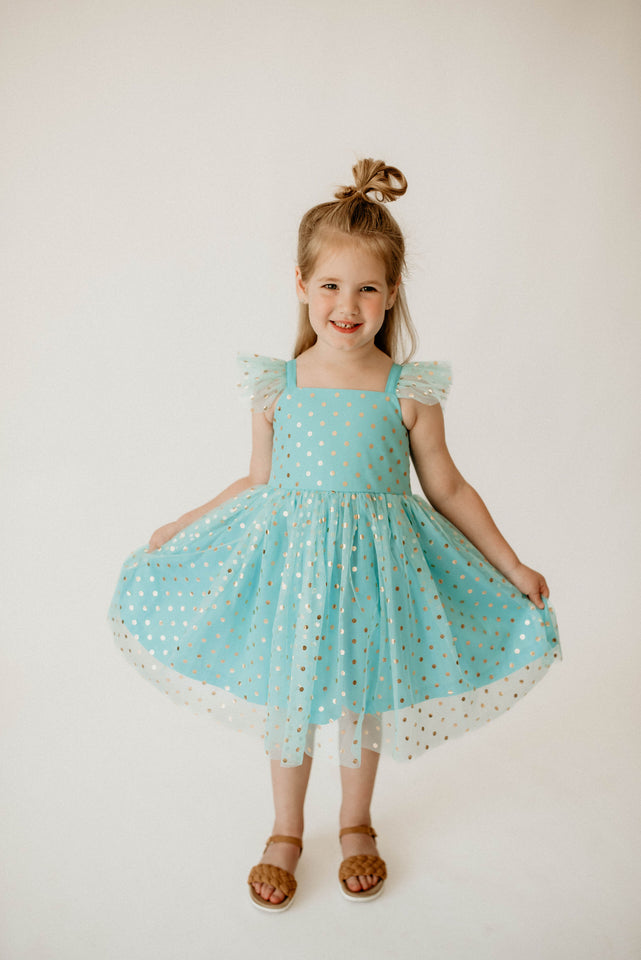 Girl’s Turquoise and Gold Polka Dot Tulle Flutter Sleeve Twirl Dress