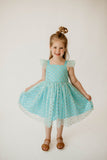 Girl’s Turquoise and Gold Polka Dot Tulle Flutter Sleeve Twirl Dress