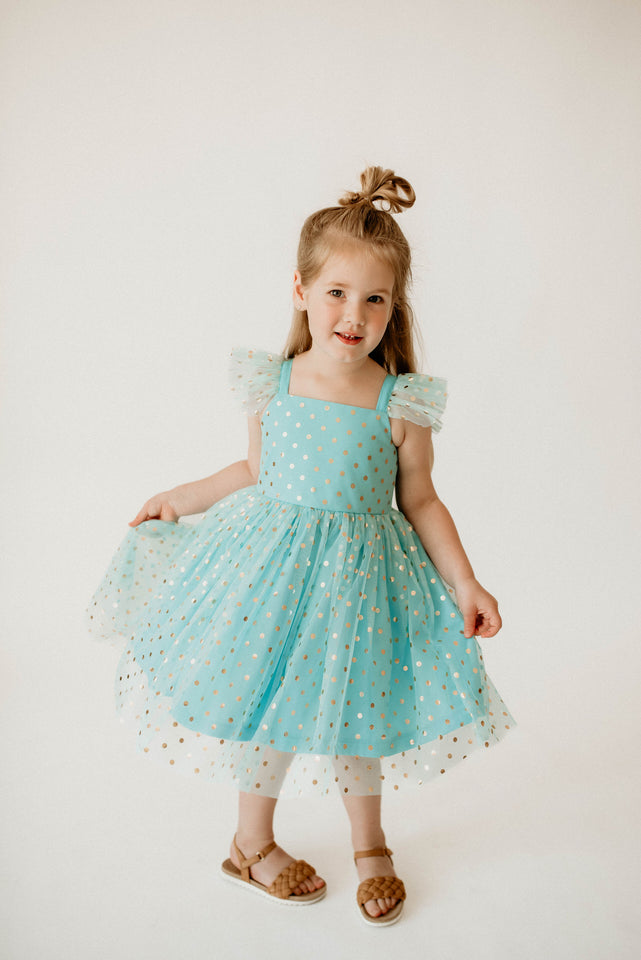 Girl’s Turquoise and Gold Polka Dot Tulle Flutter Sleeve Twirl Dress