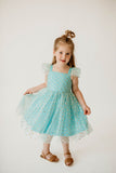 Girl’s Turquoise and Gold Polka Dot Tulle Flutter Sleeve Twirl Dress