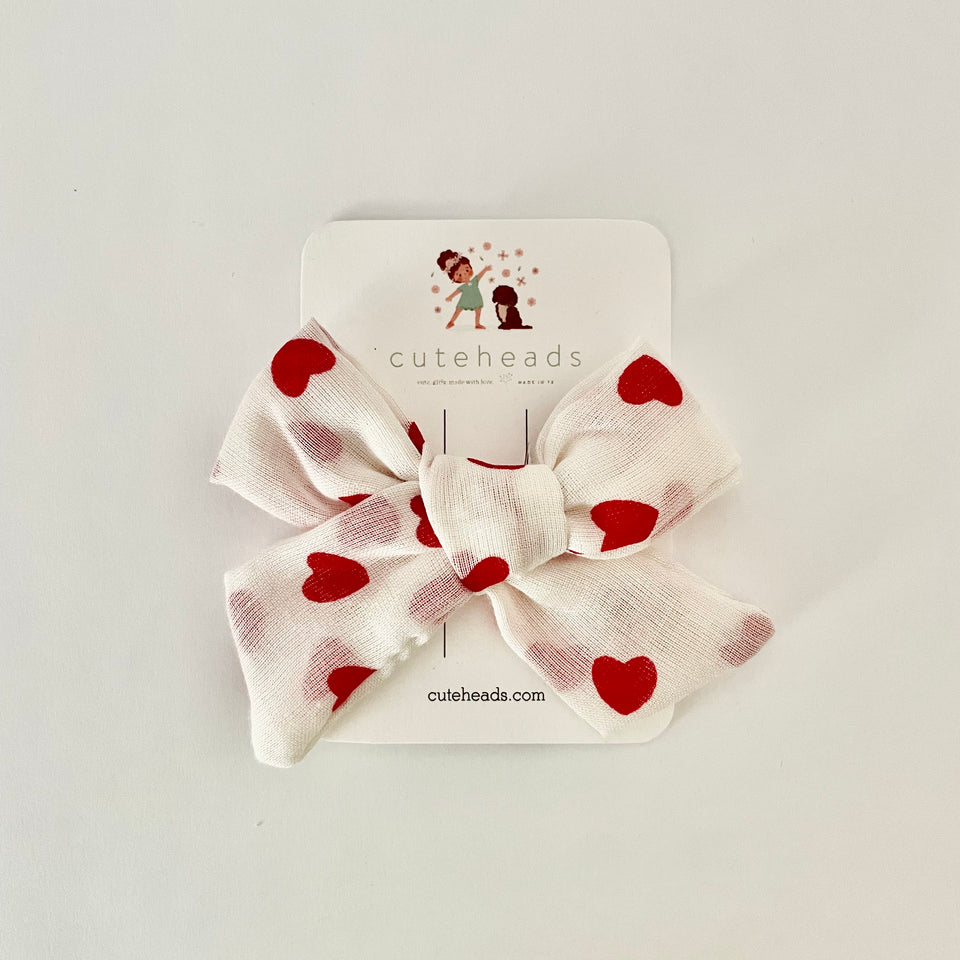 Red and White Heart Gauze Bow with Alligator Clips