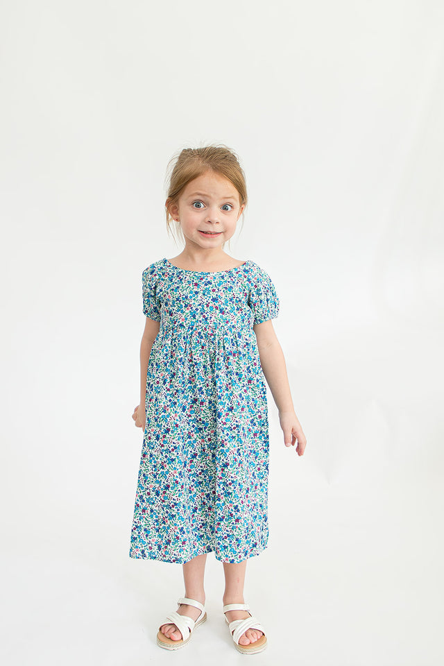Girl’s Blue Ditsy Floral Puff Sleeve Dress with Cut Out