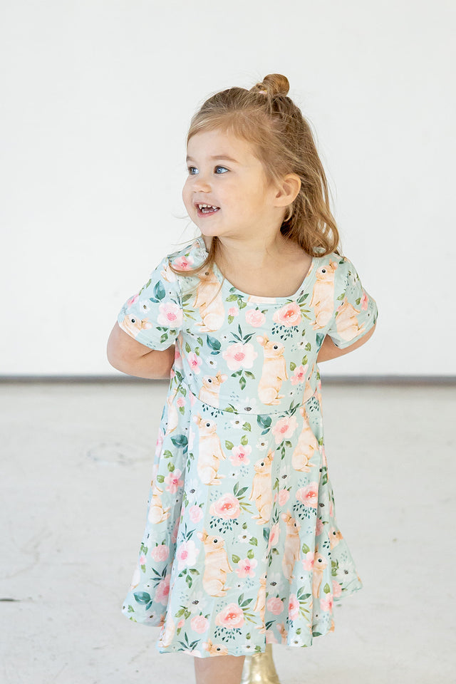Girl's Pale Blue Cotton Jersey Easter Bunny Print Skater Dress