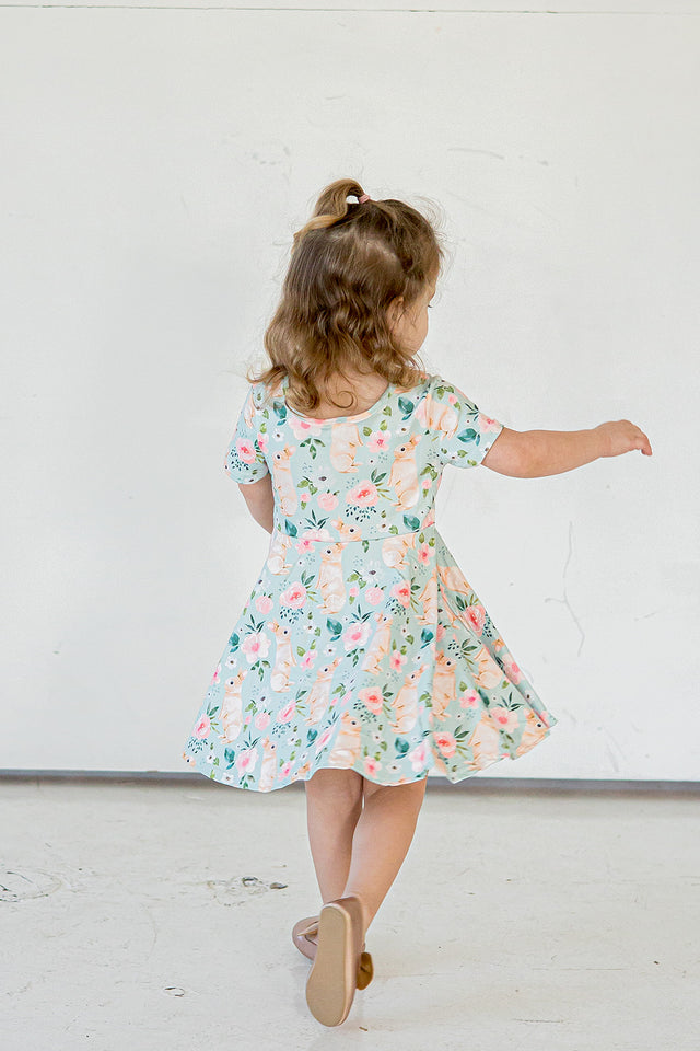 Girl's Pale Blue Cotton Jersey Easter Bunny Print Skater Dress