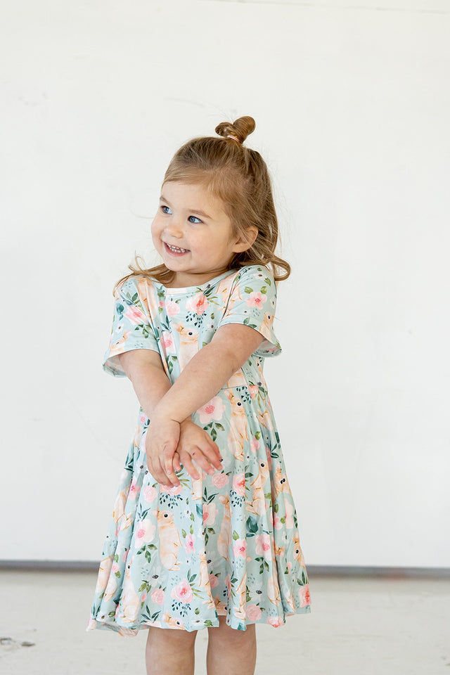 Girl's Pale Blue Cotton Jersey Easter Bunny Print Skater Dress