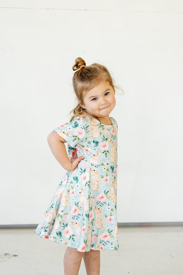 Girl's Pale Blue Cotton Jersey Easter Bunny Print Skater Dress