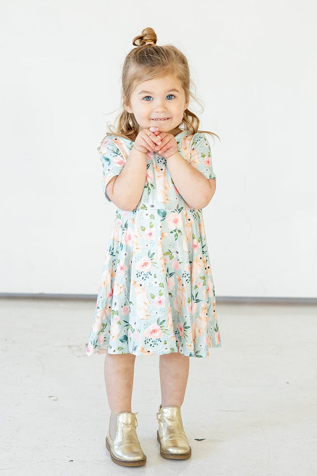 Girl's Pale Blue Cotton Jersey Easter Bunny Print Skater Dress