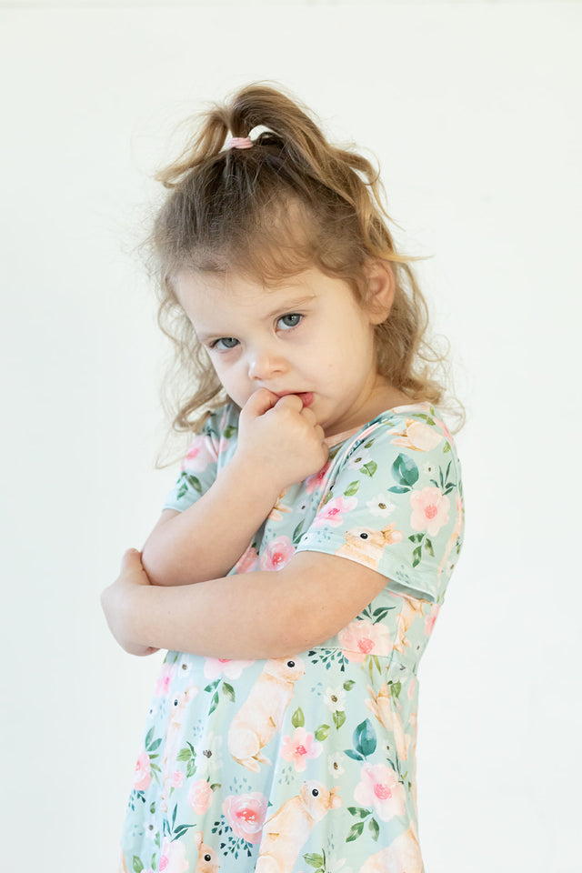 Girl's Pale Blue Cotton Jersey Easter Bunny Print Skater Dress