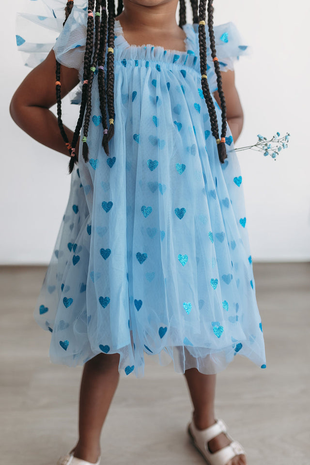 little girls  special occasion blue sparkly dress with flutter sleeves