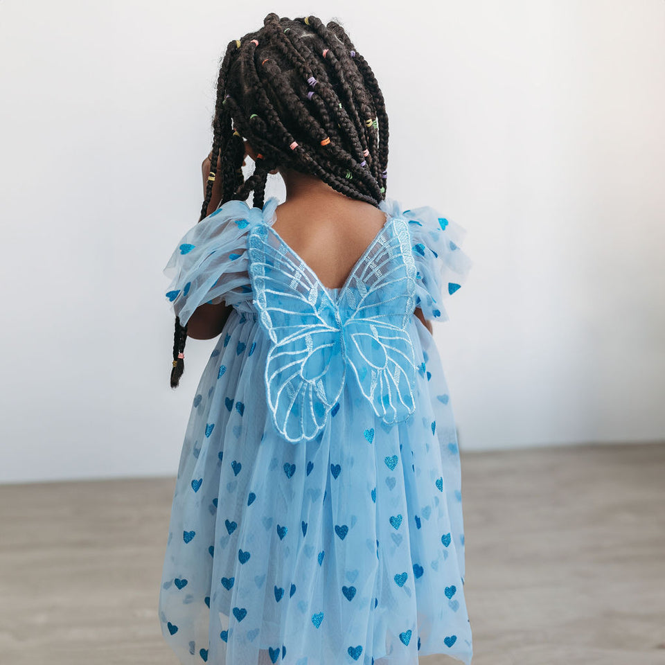Girl's Blue Tulle Dress with Sparkly Hearts and Butterfly Applique