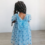 Girl's Blue Tulle Dress with Sparkly Hearts and Butterfly Applique