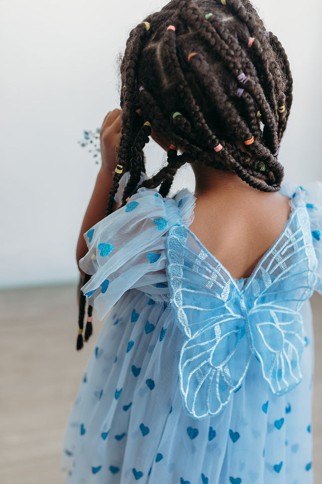 Girl's Blue Tulle Dress with Sparkly Hearts and Butterfly Applique