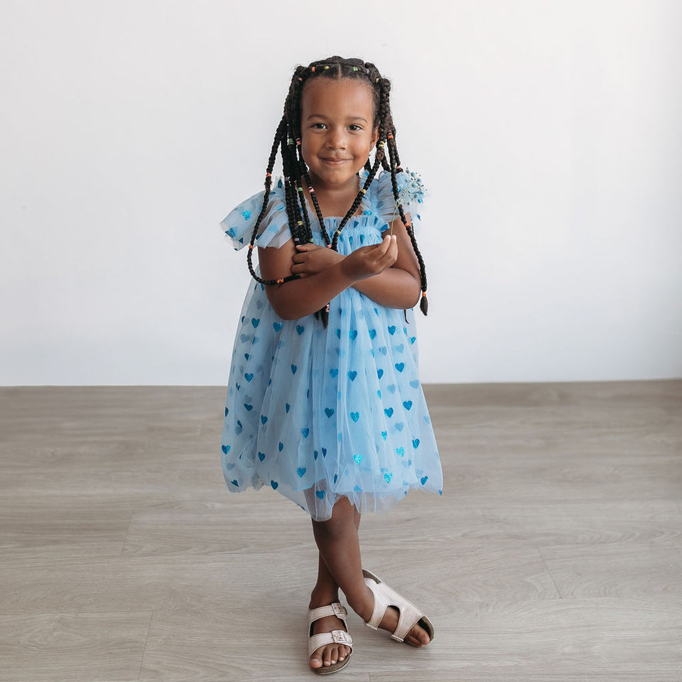 Girl's Blue Tulle Dress with Sparkly Hearts and Butterfly Applique
