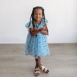 Girl's Blue Tulle Dress with Sparkly Hearts and Butterfly Applique