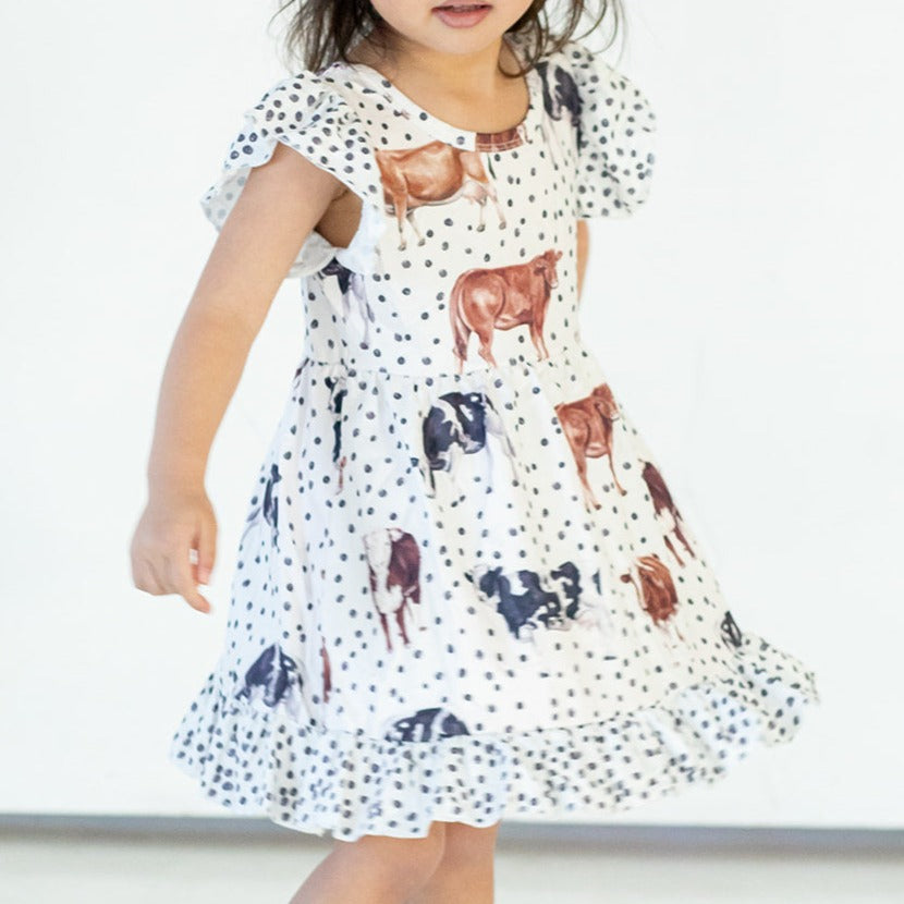 Girl's Black and White Cow Print Cotton Jersey Country Rodeo Dress