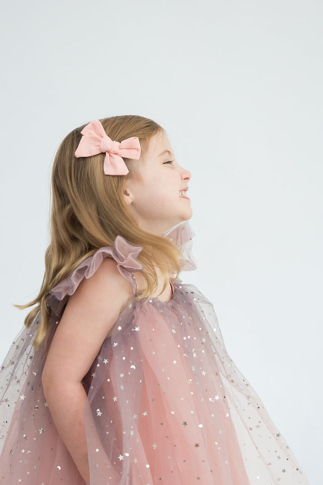Girl's Pink and Navy Ombre Sparkly Star Tulle Flutter Sleeve Dress