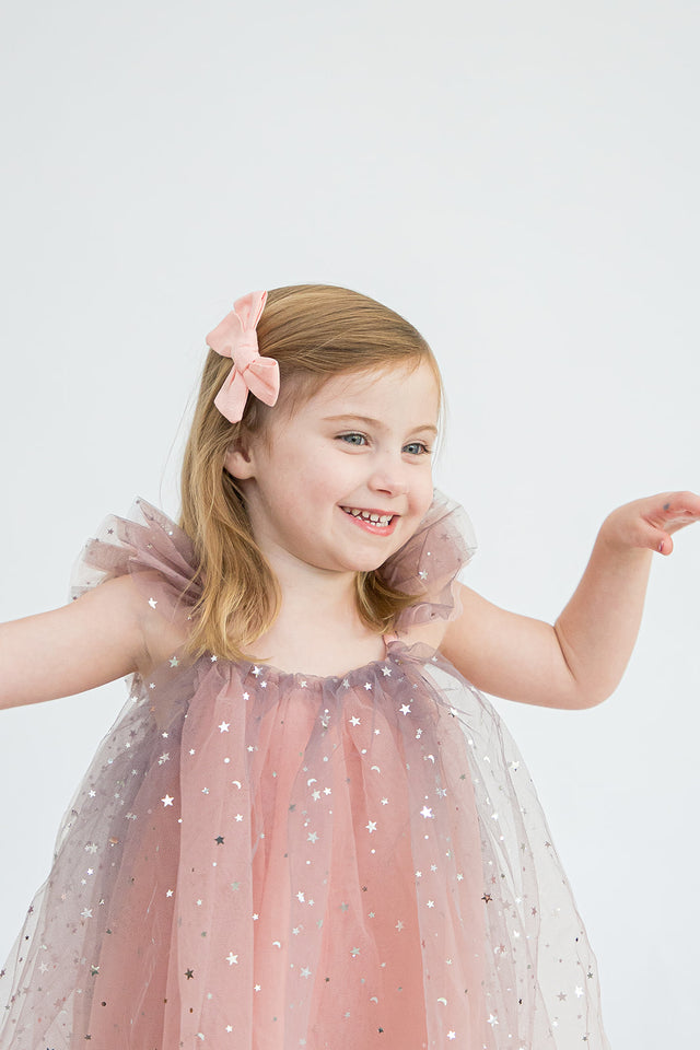 Girl's Pink and Navy Ombre Sparkly Star Tulle Flutter Sleeve Dress