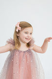 Girl's Pink and Navy Ombre Sparkly Star Tulle Flutter Sleeve Dress