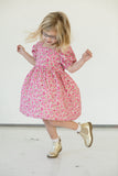 littile girls pink ditsy floral puff sleeve dress