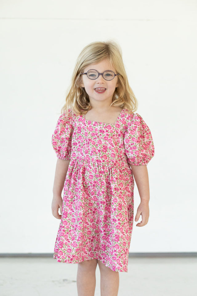 littile girls pink ditsy floral puff sleeve dress