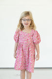 littile girls pink ditsy floral puff sleeve dress