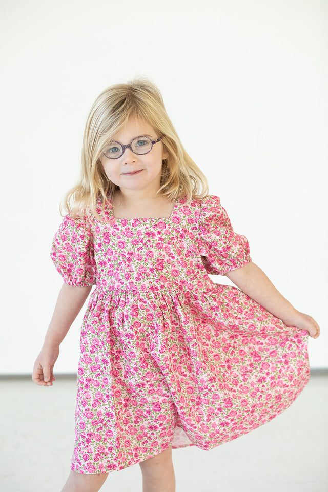 littile girls pink ditsy floral puff sleeve dress