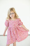 littile girls pink ditsy floral puff sleeve dress