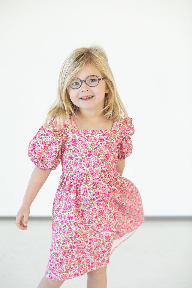 littile girls pink ditsy floral puff sleeve dress