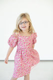 littile girls pink ditsy floral puff sleeve dress