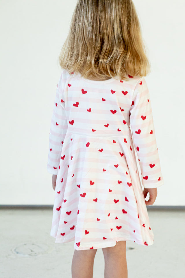 Girl's Pink Red and White Hearts Jersey Twirl Skater Dress