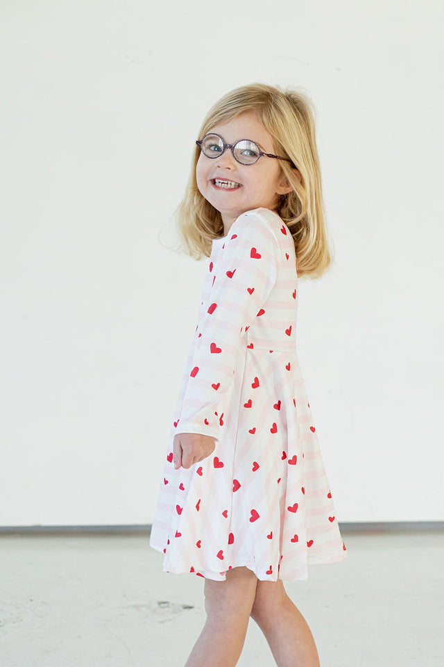 Girl's Pink Red and White Hearts Jersey Twirl Skater Dress