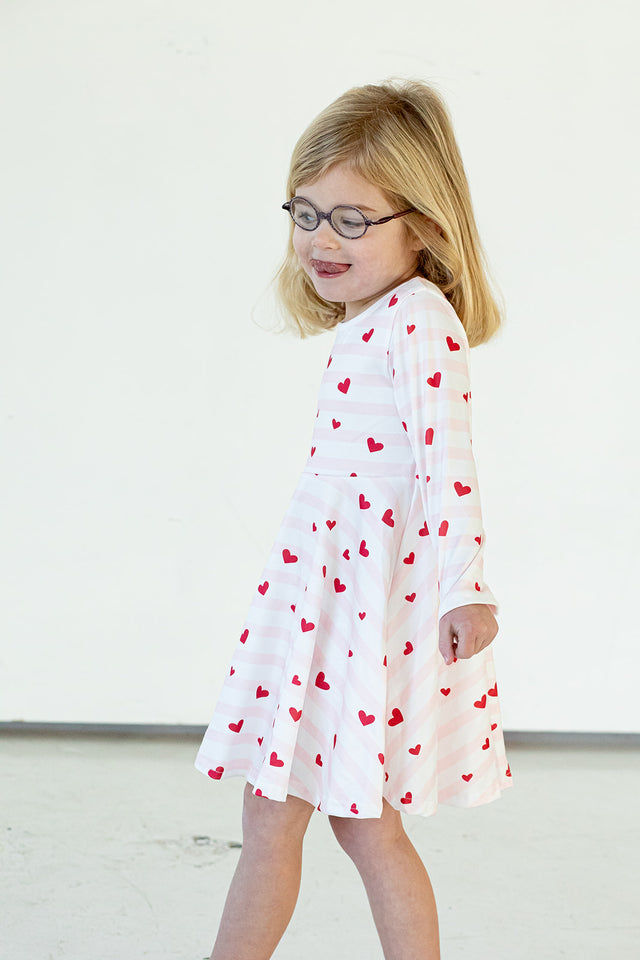 Girl's Pink Red and White Hearts Jersey Twirl Skater Dress