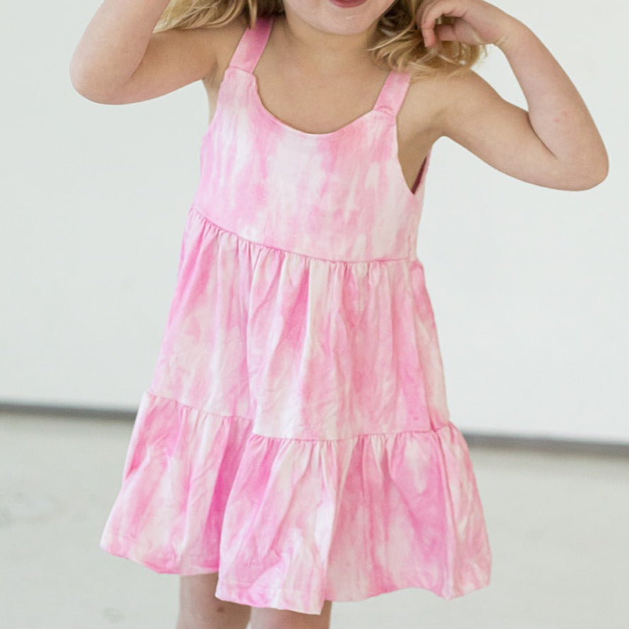 Girl's Pink Tie Dye Jersey Twirl Dress with Tiered Skirt