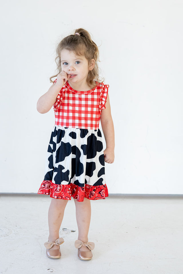 Girl's Red Black and White Paisley and Plaid Cotton Jersey Rodeo Cowgirl Dress