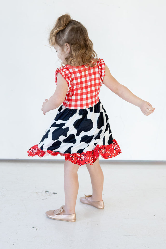 Girl's Red Black and White Paisley and Plaid Cotton Jersey Rodeo Cowgirl Dress