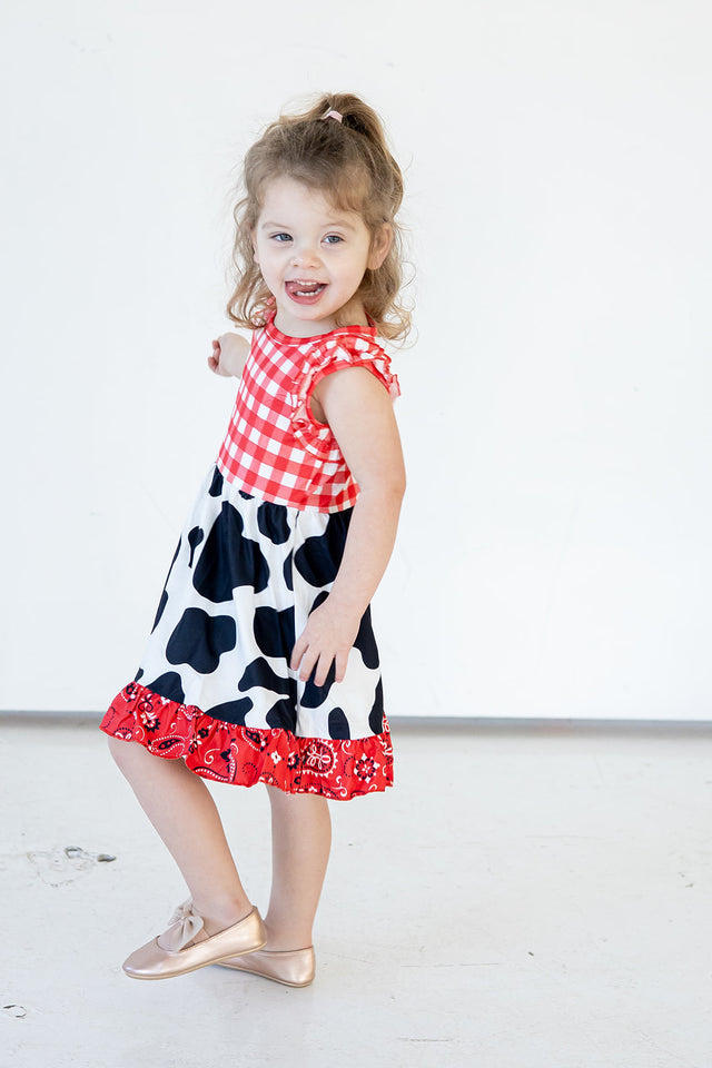 Girl's Red Black and White Paisley and Plaid Cotton Jersey Rodeo Cowgirl Dress