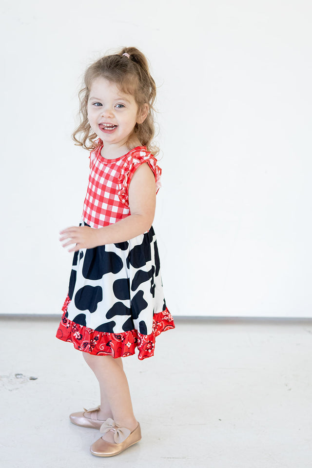 Girl's Red Black and White Paisley and Plaid Cotton Jersey Rodeo Cowgirl Dress