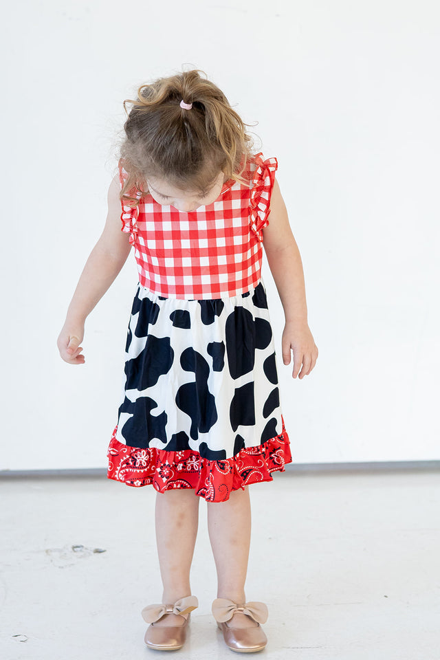 Girl's Red Black and White Paisley and Plaid Cotton Jersey Rodeo Cowgirl Dress