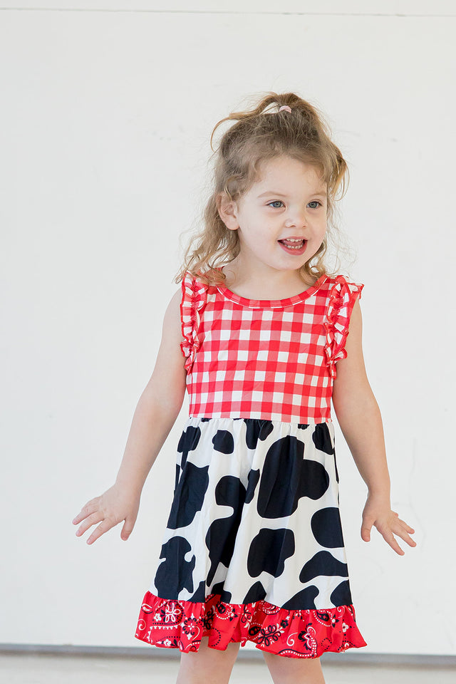Girl's Red Black and White Paisley and Plaid Cotton Jersey Rodeo Cowgirl Dress