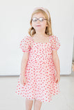 Girl's Pink Tulle and Red Hearts Puff Sleeve Dress with Ruched Chest Detail