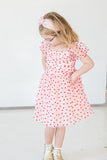 Girl's Pink Tulle and Red Hearts Puff Sleeve Dress with Ruched Chest Detail