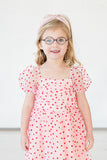 Girl's Pink Tulle and Red Hearts Puff Sleeve Dress with Ruched Chest Detail