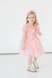 Girl's Pink Tulle and Red Hearts Puff Sleeve Dress with Ruched Chest Detail