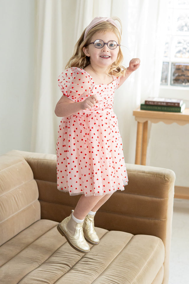 Girl's Pink Tulle and Red Hearts Puff Sleeve Dress with Ruched Chest Detail