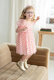 Girl's Pink Tulle and Red Hearts Puff Sleeve Dress with Ruched Chest Detail