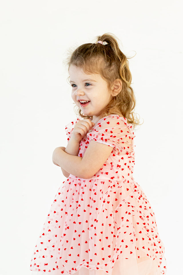 Girl's Pink Tulle and Red Hearts Puff Sleeve Dress with Ruched Chest Detail
