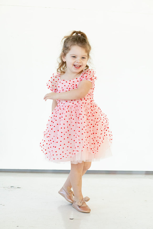 Girl's Pink Tulle and Red Hearts Puff Sleeve Dress with Ruched Chest Detail