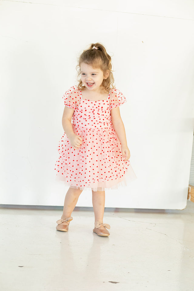 Girl's Pink Tulle and Red Hearts Puff Sleeve Dress with Ruched Chest Detail