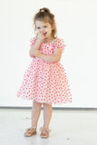 Girl's Pink Tulle and Red Hearts Puff Sleeve Dress with Ruched Chest Detail