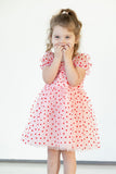 Girl's Pink Tulle and Red Hearts Puff Sleeve Dress with Ruched Chest Detail